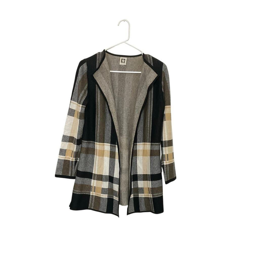 Anne Klein Plaid Open Front Knit Sweater Cardigan Side Slits Size Medium Jacket - Picture 1 of 8